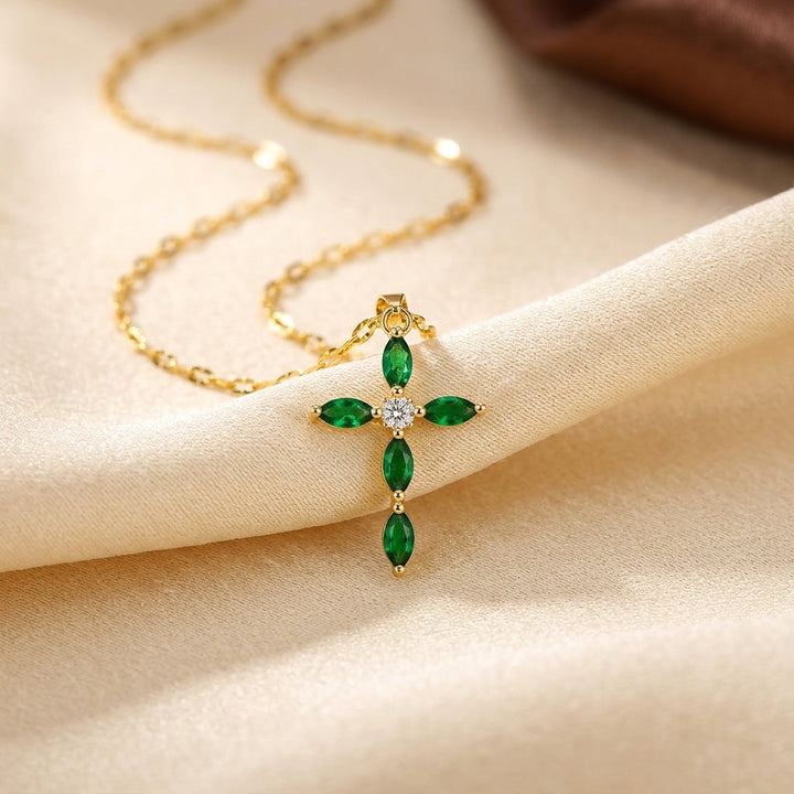 Gold Emerald Marquise Cross Necklace | Amelia