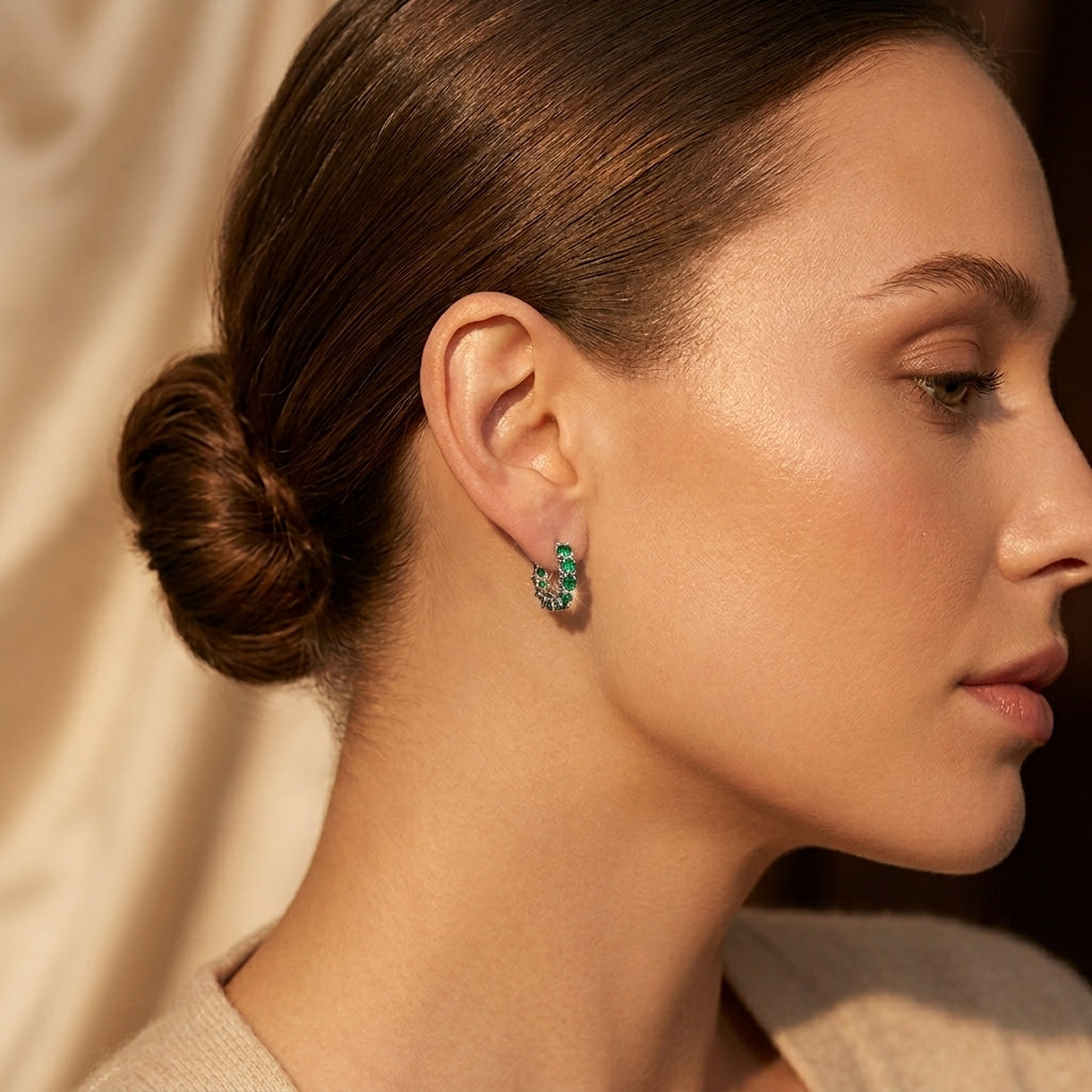 Gold Emerald Lattice Hoop Earrings | Amelia