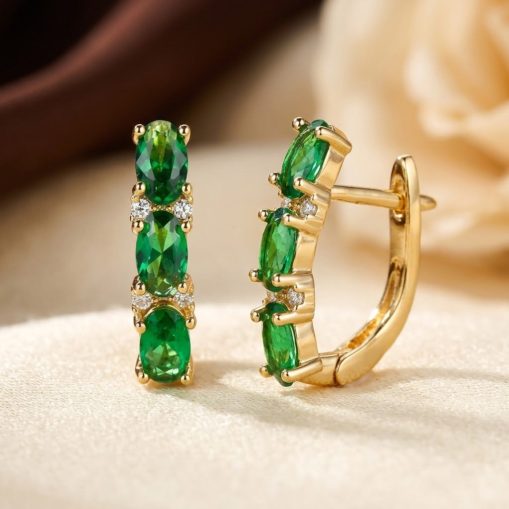 Gold Emerald Vertical Hoop Earrings | Amelia