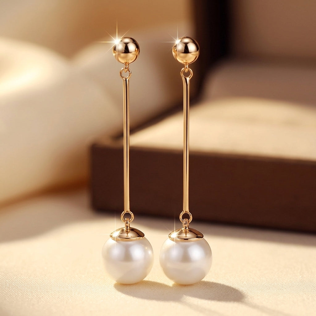 Gold Long Pearl Drop Earrings | Amelia