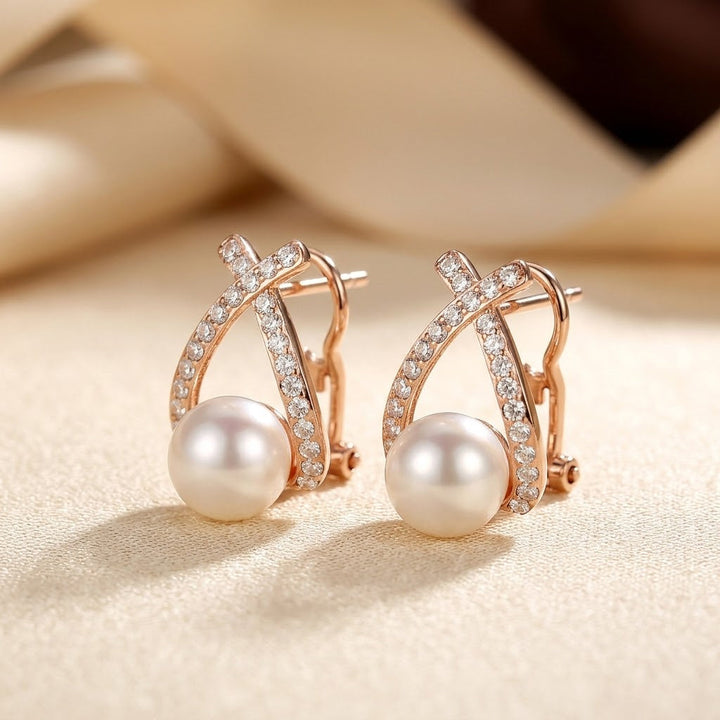 Gold Crisscross Pearl Stud Earrings | Amelia