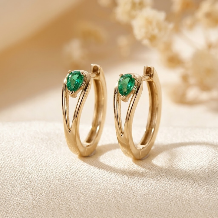 Gold Emerald Accent Hoop Earrings | Amelia