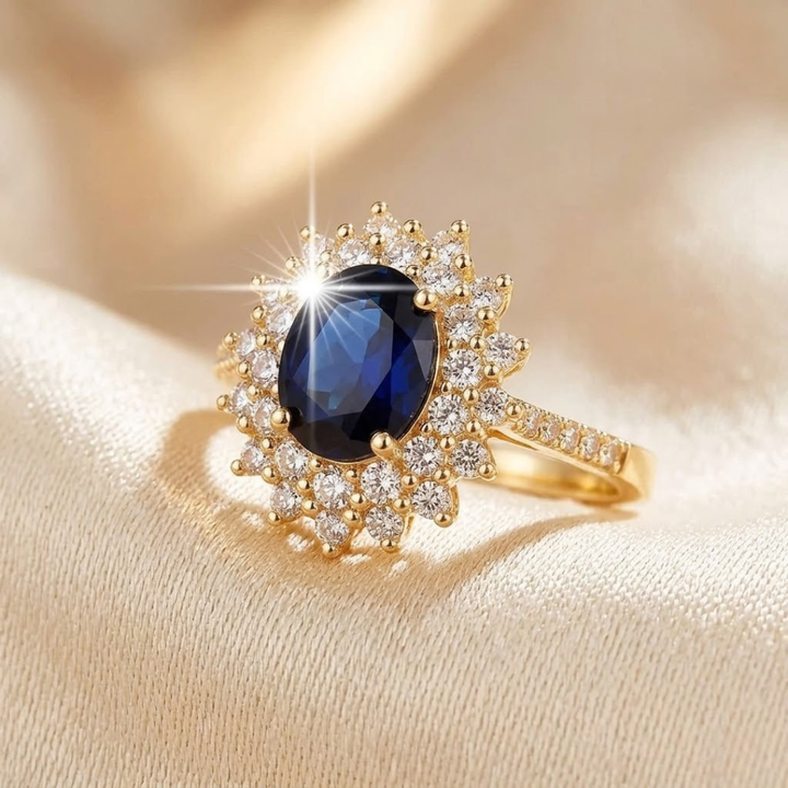 Gold Sapphire Halo Ring | Amelia