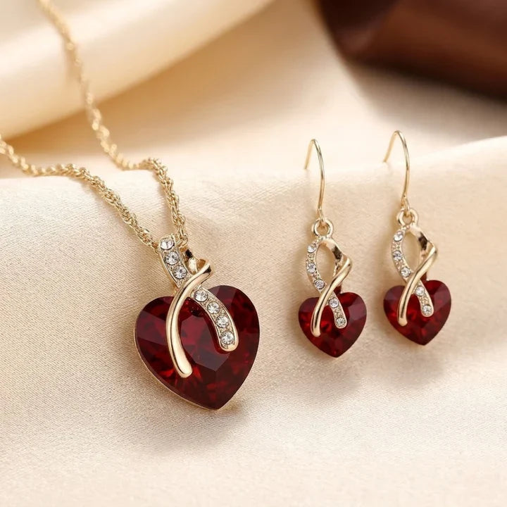 Gold Ruby Twisted Heart Jewelry Set | Amelia