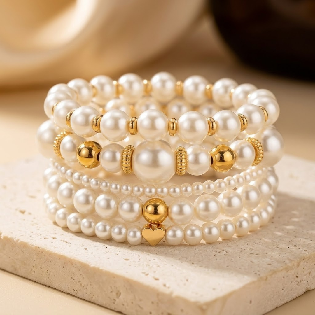 Gold Pearl Beaded Bracelet Set | Amelia