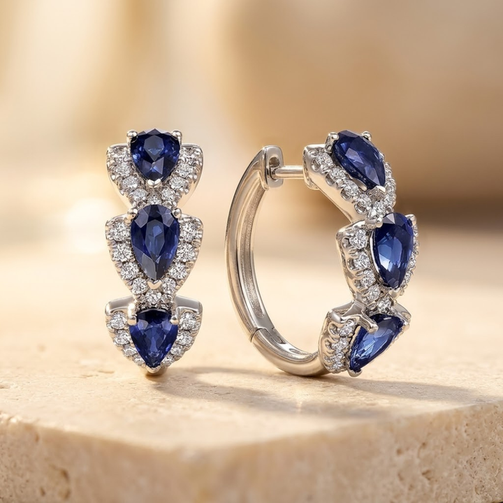 Silver Sapphire Halo Hoop Earrings | Amelia