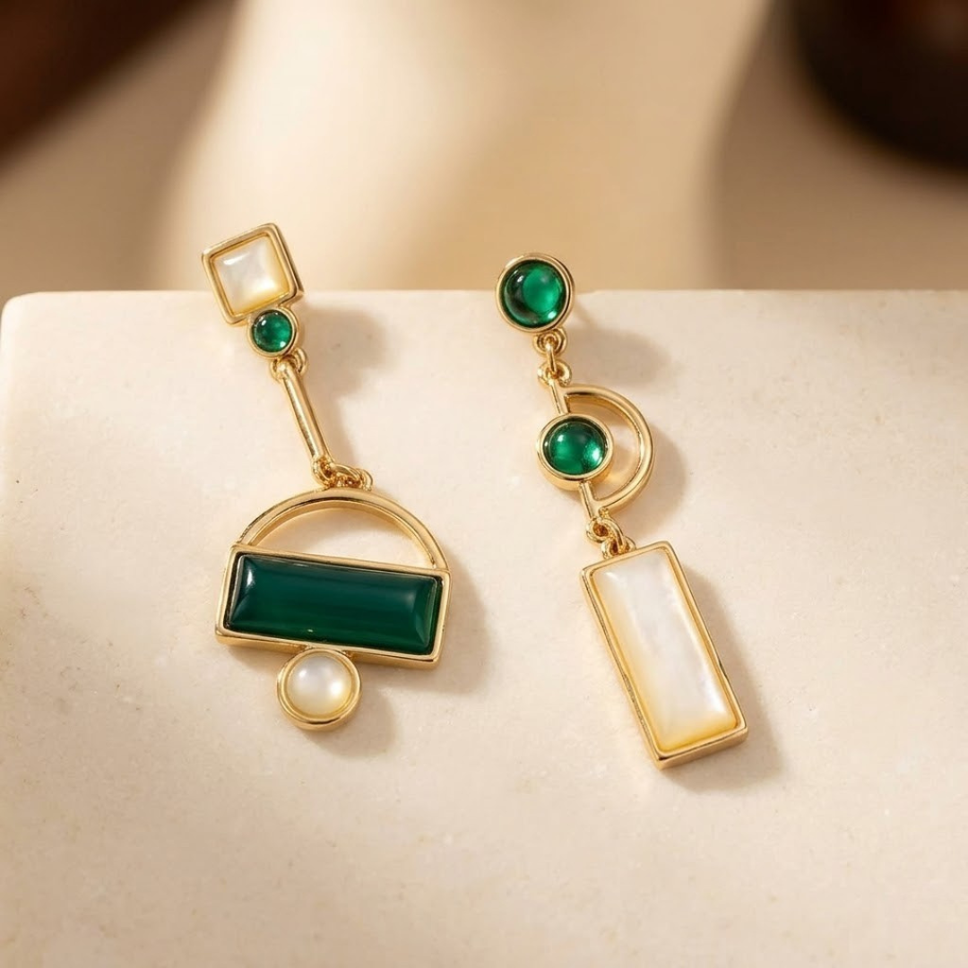 Gold Emerald Geometric Drop Earrings | Amelia