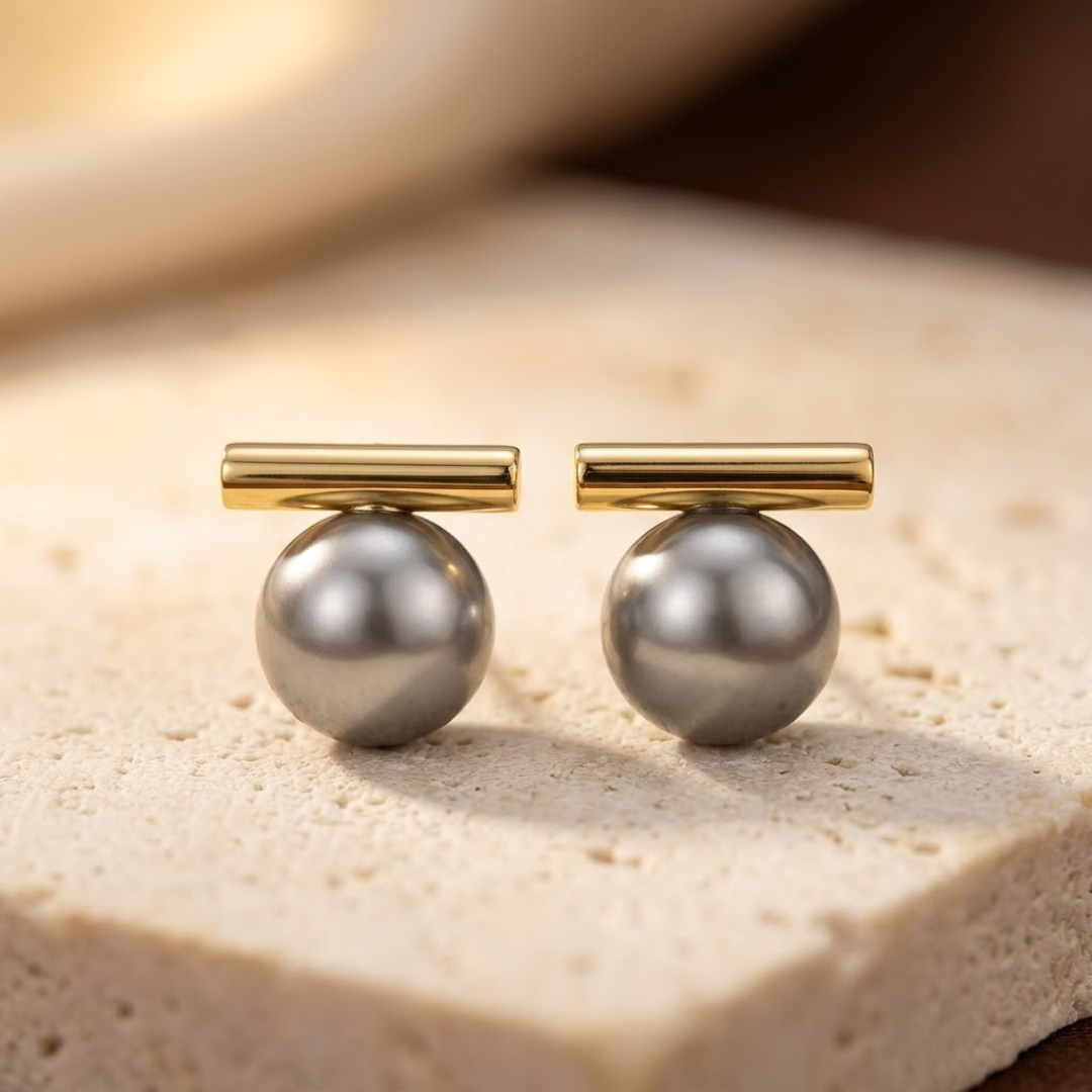 Gold Bar Pearl Stud Earrings | Amelia