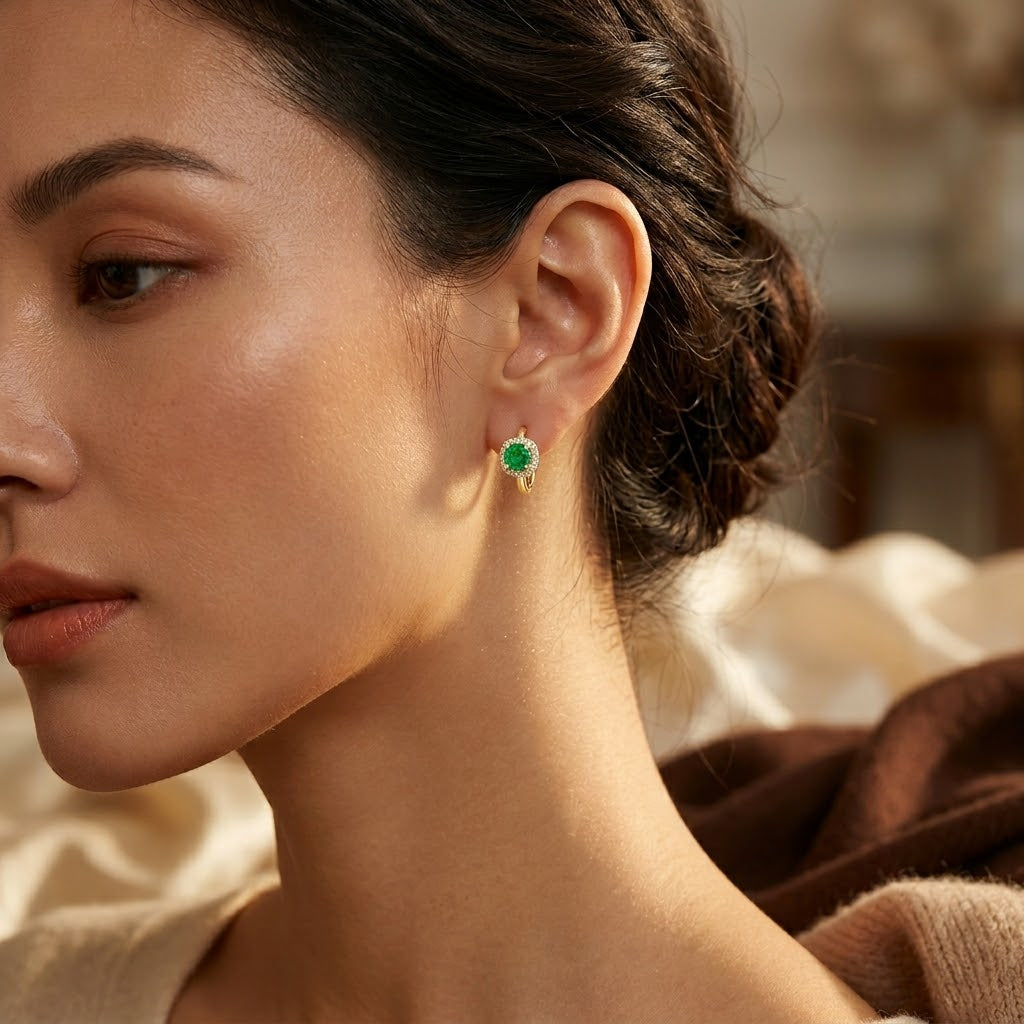 Gold Emerald Halo Hoop Earrings | Amelia
