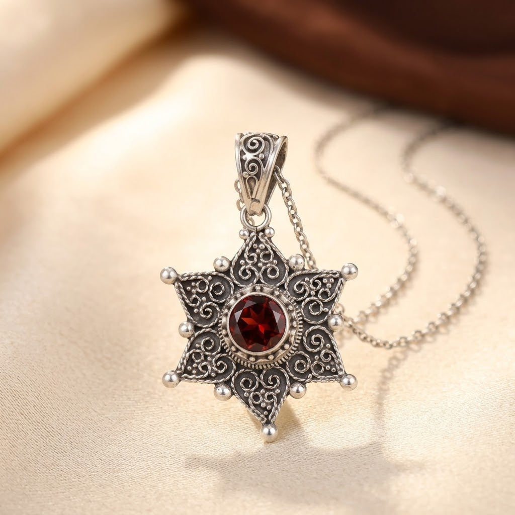 Silver Ruby Star Pendant Necklace | Amelia