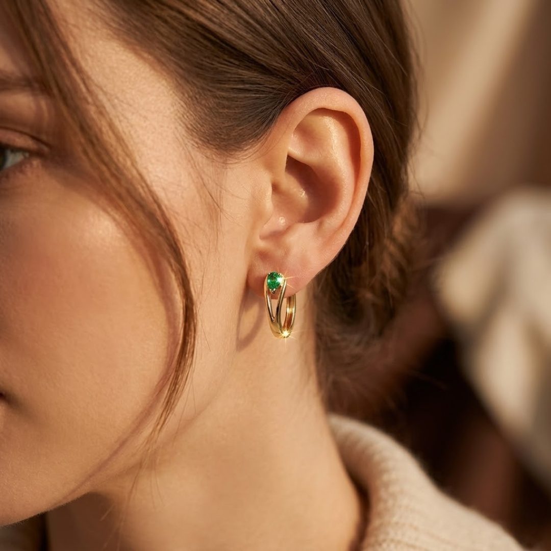 Gold Emerald Accent Hoop Earrings | Amelia