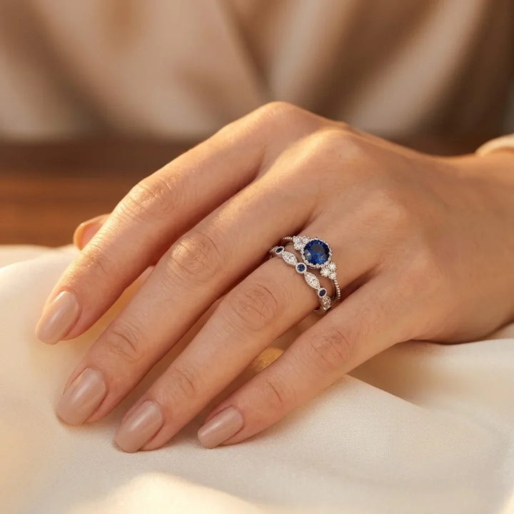 Silver Sapphire Halo Ring | Amelia