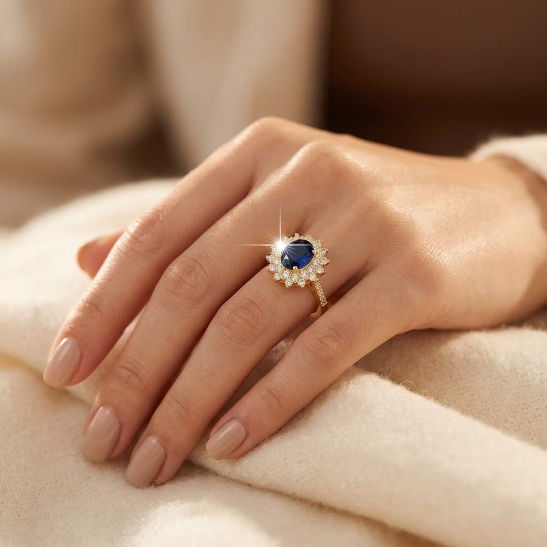 Gold Sapphire Halo Ring | Amelia