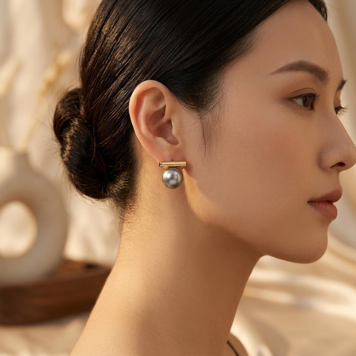 Gold Bar Pearl Stud Earrings | Amelia