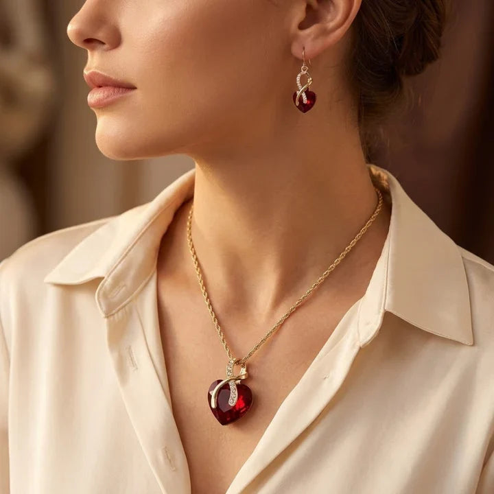 Gold Ruby Twisted Heart Jewelry Set | Amelia