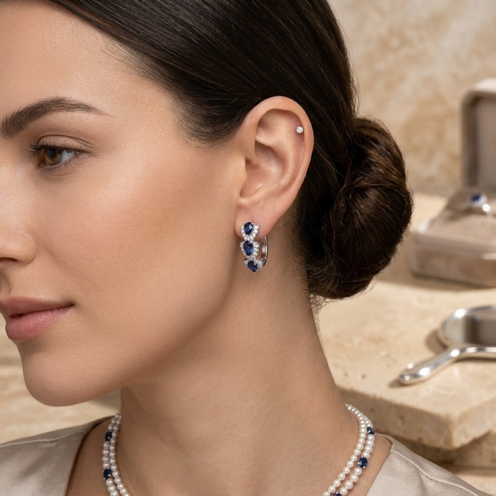 Silver Sapphire Halo Hoop Earrings | Amelia