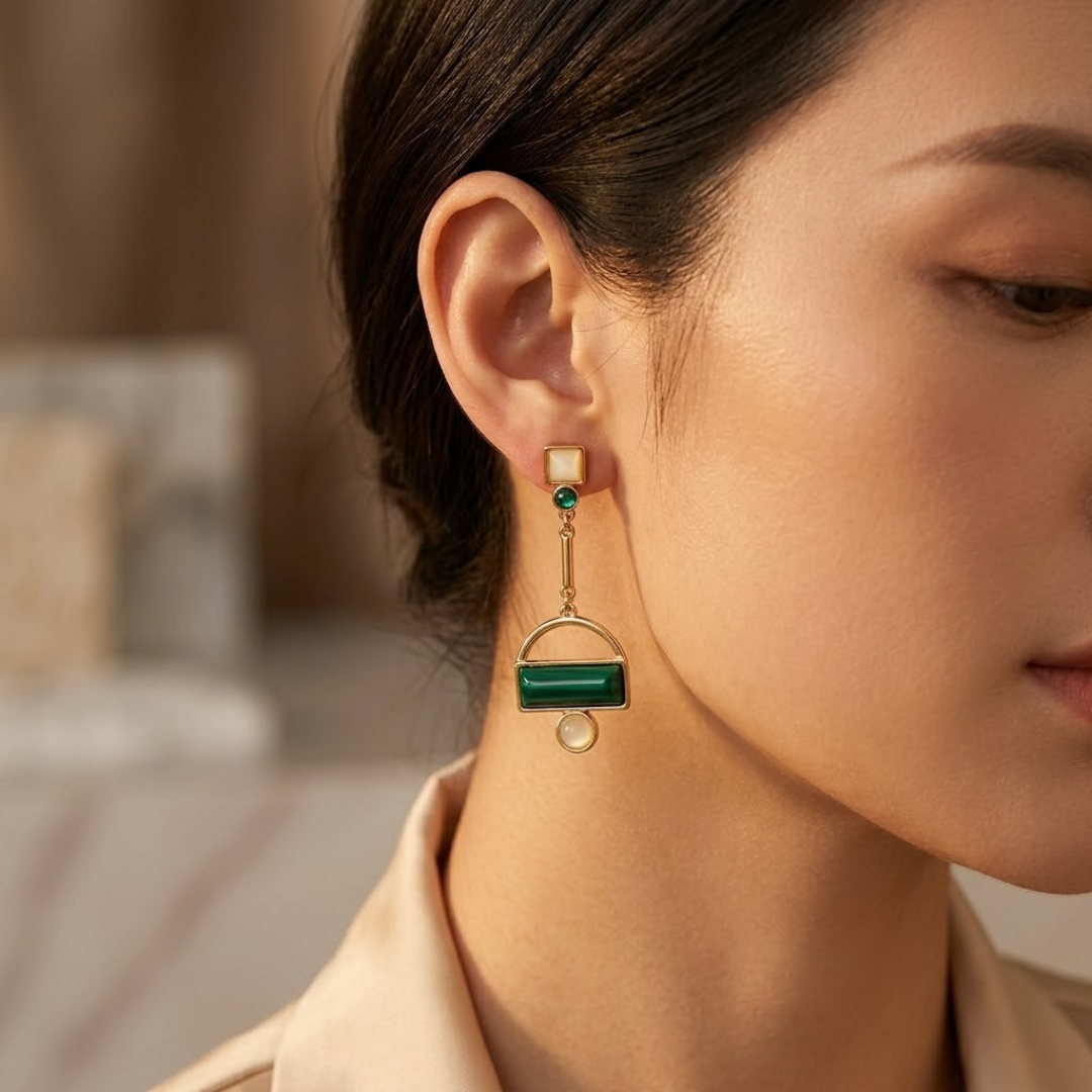 Gold Emerald Geometric Drop Earrings | Amelia