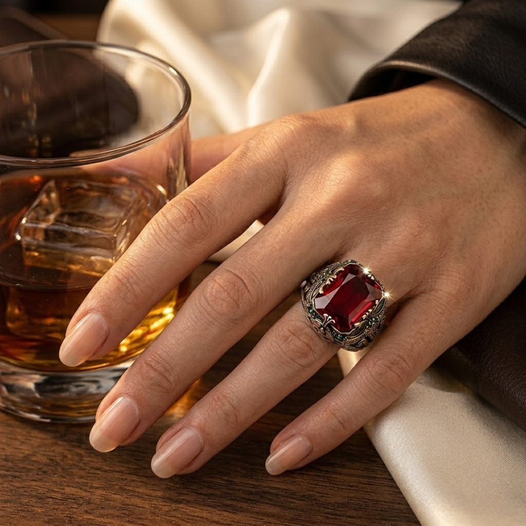 Silver Ruby Ornate Signet Ring | Amelia