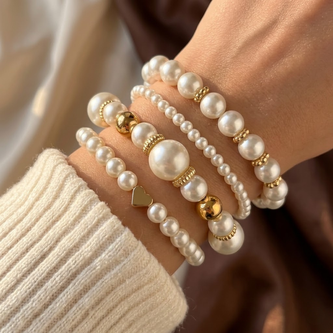 Gold Pearl Beaded Bracelet Set | Amelia