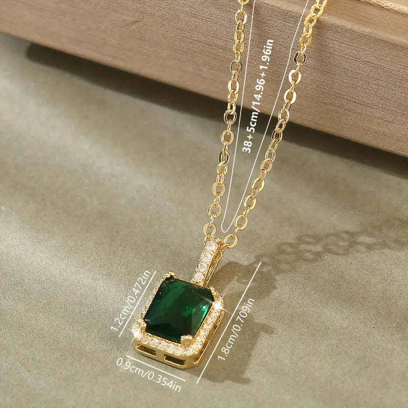 Gold Emerald Rectangular Halo Necklace | Amelia