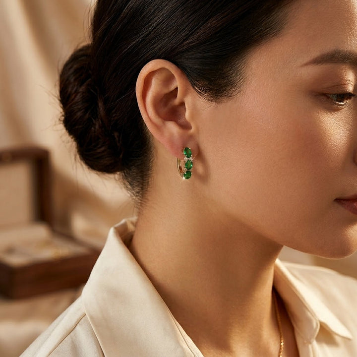 Gold Emerald Vertical Hoop Earrings | Amelia