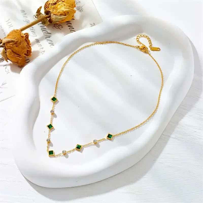 Gold Emerald Geometric Station Necklace | Amelia