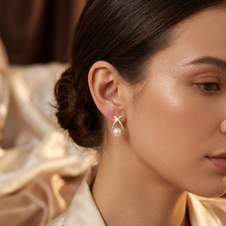 Gold Crisscross Pearl Stud Earrings | Amelia