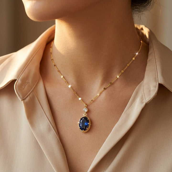 Gold Sapphire Oval Drop Necklace | Amelia