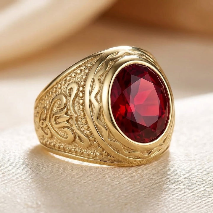 Gold Ruby Engraved Ring | Amelia