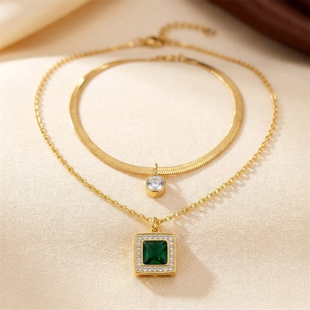 Gold Emerald Layered Necklace | Amelia
