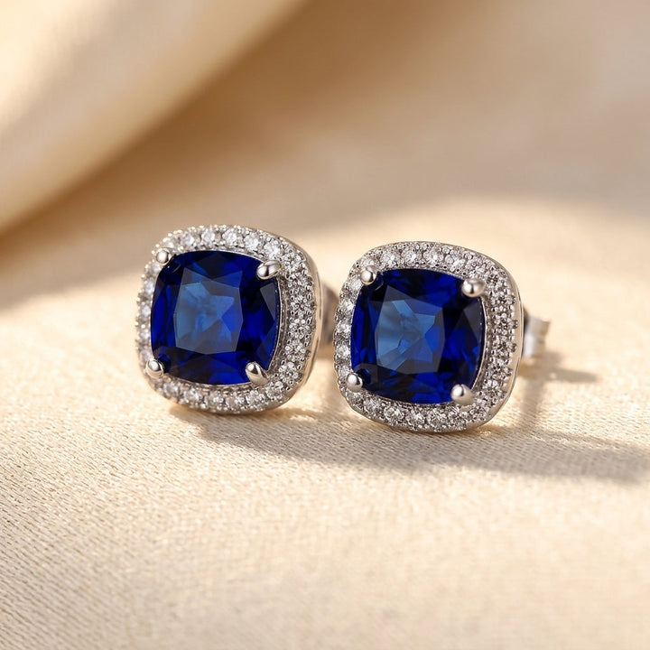 Silver Sapphire Halo Stud Earrings | Amelia