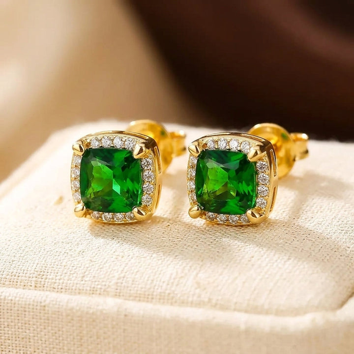 Gold Emerald Halo Stud Earrings | Amelia