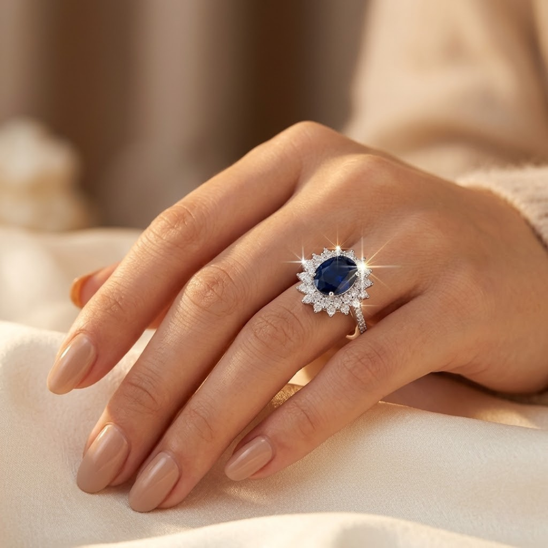 Gold Sapphire Halo Ring | Amelia