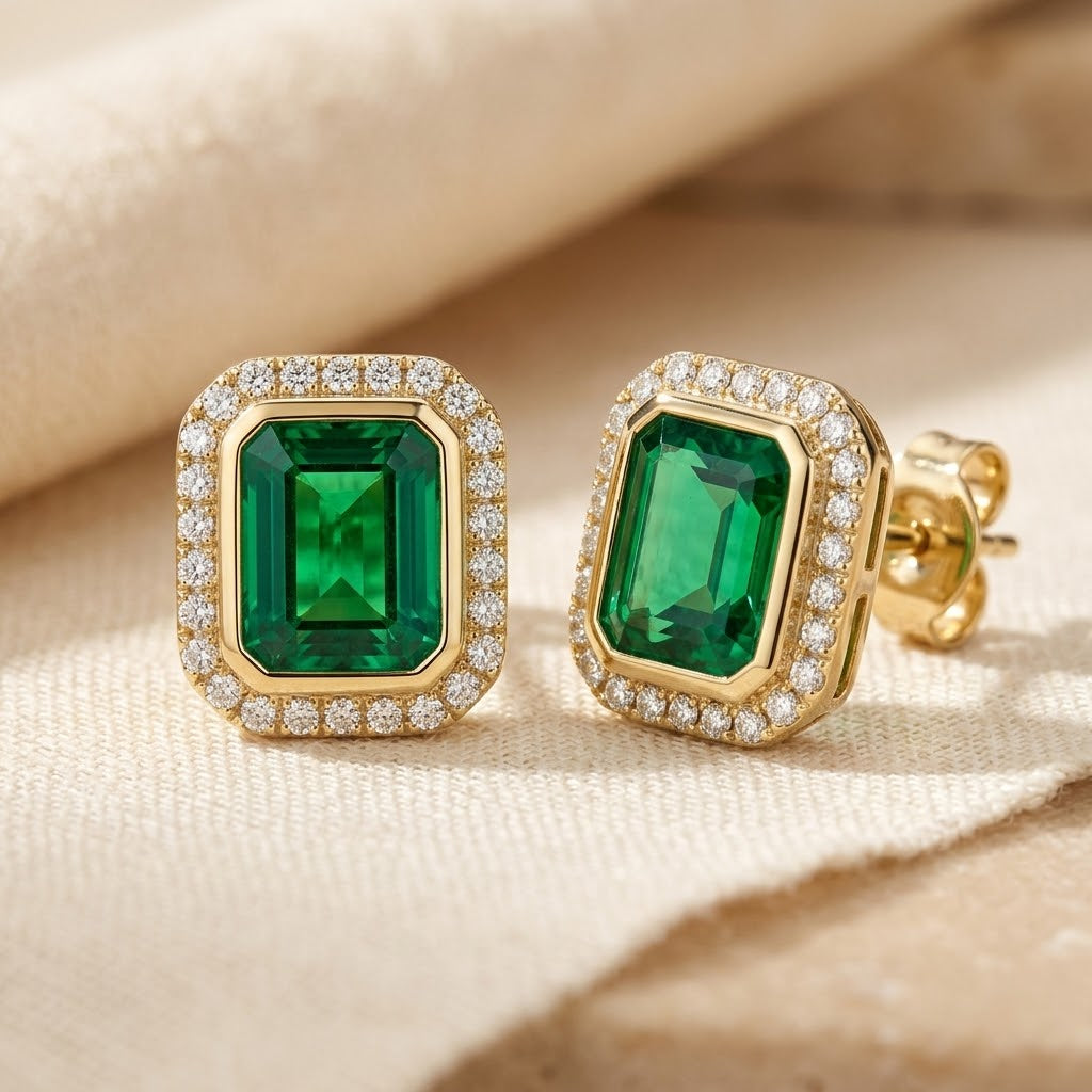 Gold Emerald Square Halo Stud Earrings | Amelia