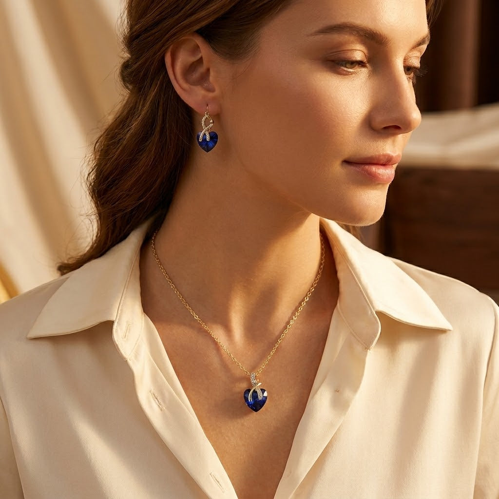 Gold Sapphire Heart Necklace and Earrings Set | Amelia