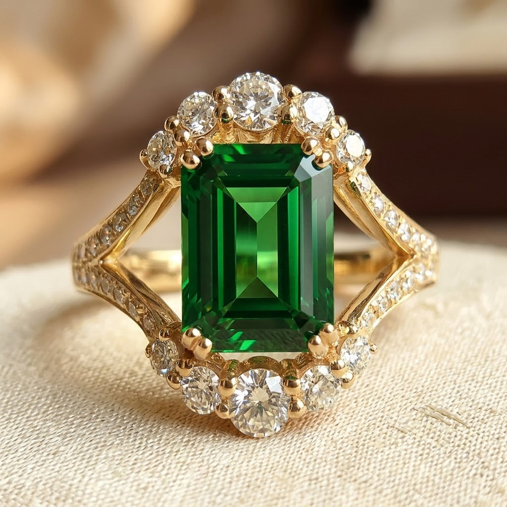 Gold Emerald Halo Ring | Amelia