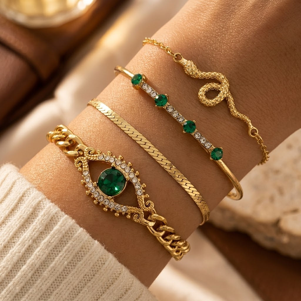Gold Emerald Charm Bracelet Set | Amelia