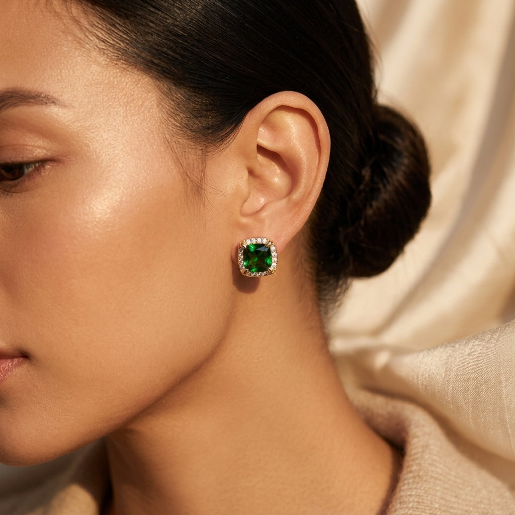 Gold Emerald Halo Stud Earrings | Amelia