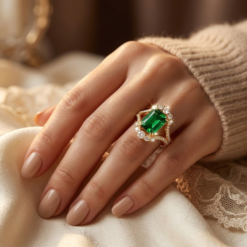 Gold Emerald Halo Ring | Amelia