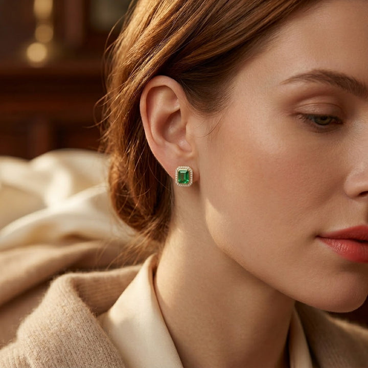 Gold Emerald Square Halo Stud Earrings | Amelia