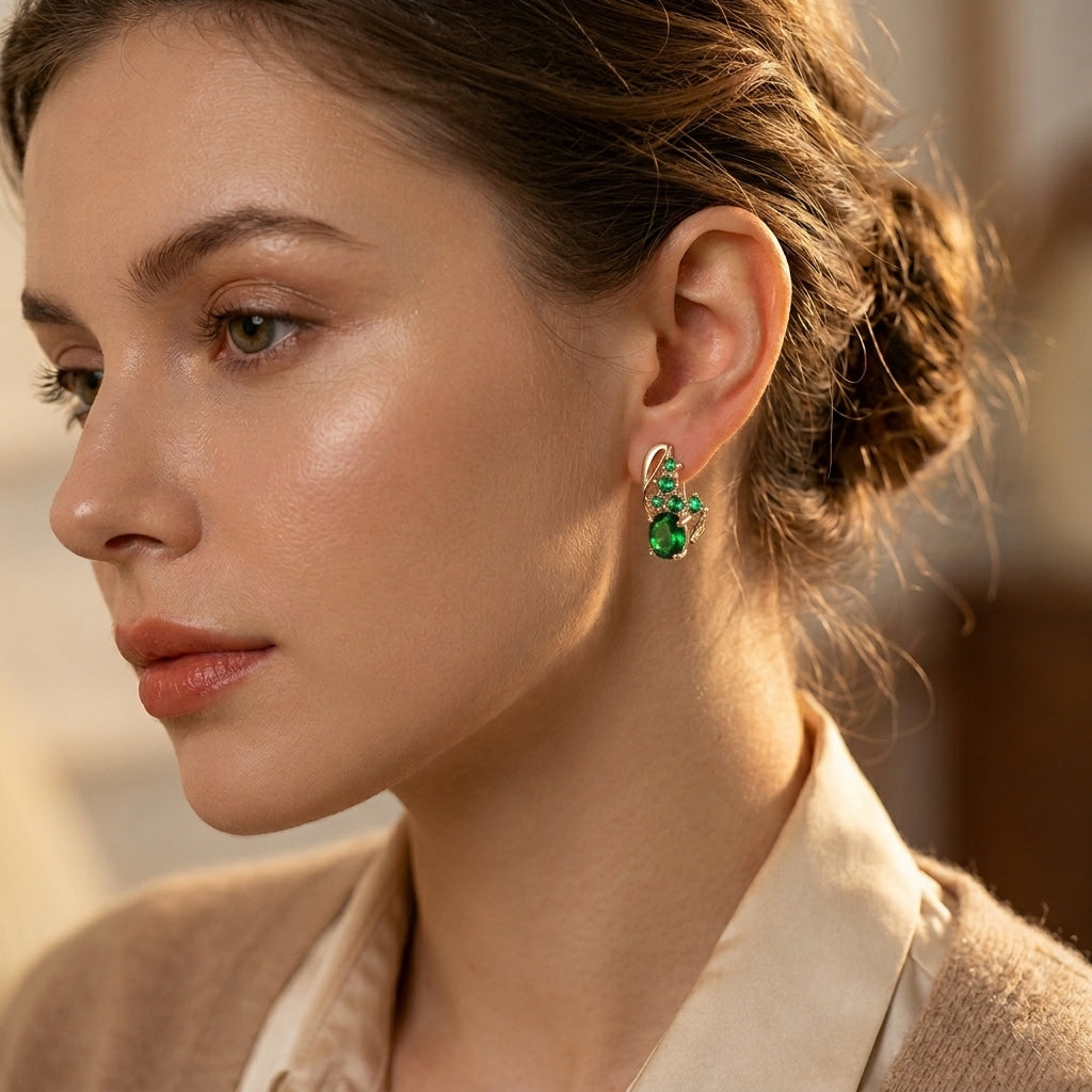 Gold Emerald Cluster Drop Earrings | Amelia
