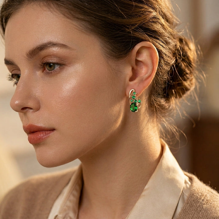 Gold Emerald Cluster Drop Earrings | Amelia