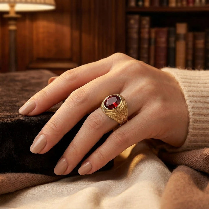 Gold Ruby Engraved Ring | Amelia