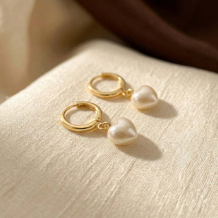 Gold Heart Pearl Drop Earrings | Amelia