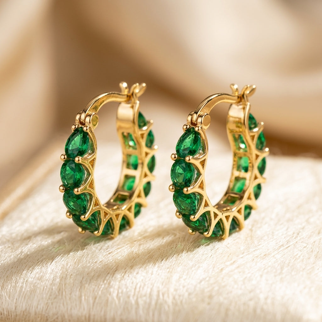 Gold Emerald Lattice Hoop Earrings | Amelia