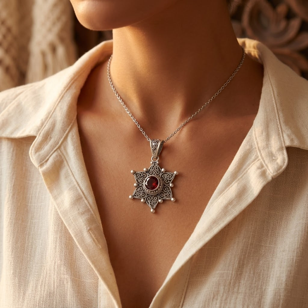 Silver Ruby Star Pendant Necklace | Amelia