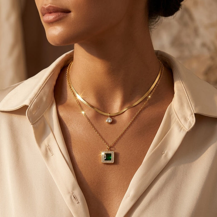 Gold Emerald Layered Necklace | Amelia