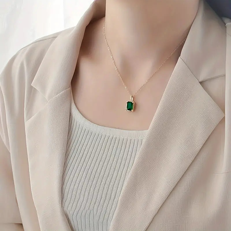 Gold Emerald Rectangular Halo Necklace | Amelia