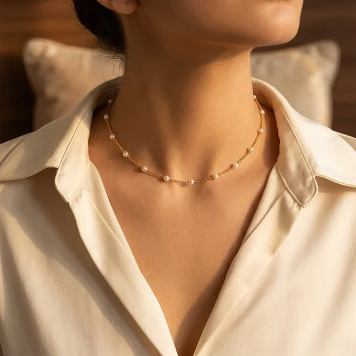 Gold Spaced Pearl Chain Necklace | Amelia