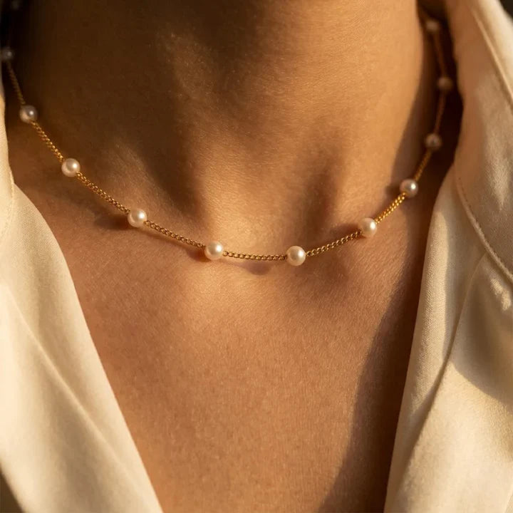 Gold Spaced Pearl Chain Necklace | Amelia